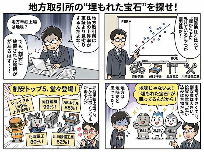四コマ漫画「地方取引所の『埋もれた宝石』を探せ」