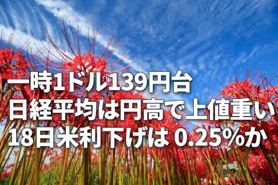 一時1ドル139円台、日経平均は円高で上値重い。18日米利下げは0.25％か（窪田真之）